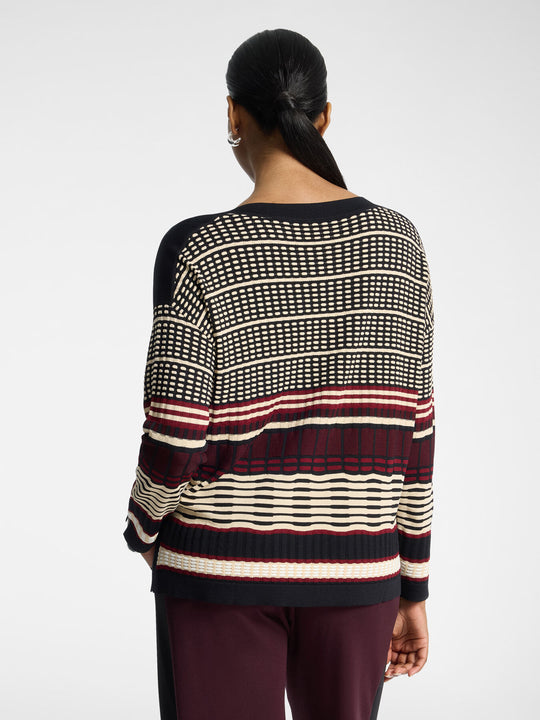 Striped jacquard pullover back view, black base with cream grid stripes and dark red band