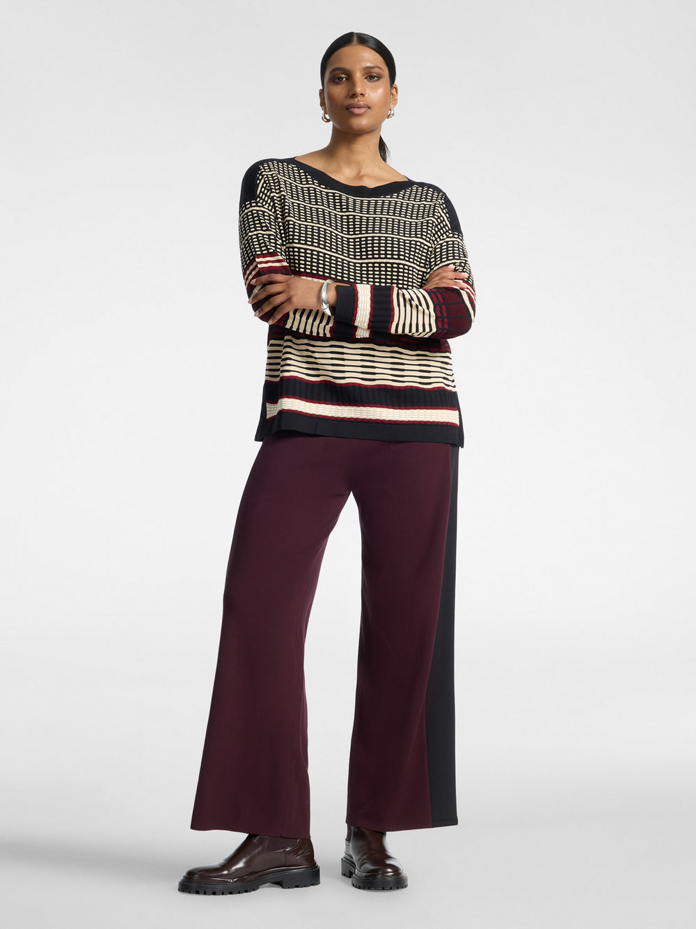 Long-sleeve striped jacquard pullover, black base with cream grid and dark red stripe
