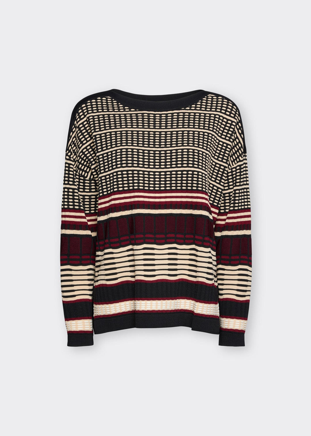 Striped jacquard knit pullover with black, cream, and dark red bands, crew neck