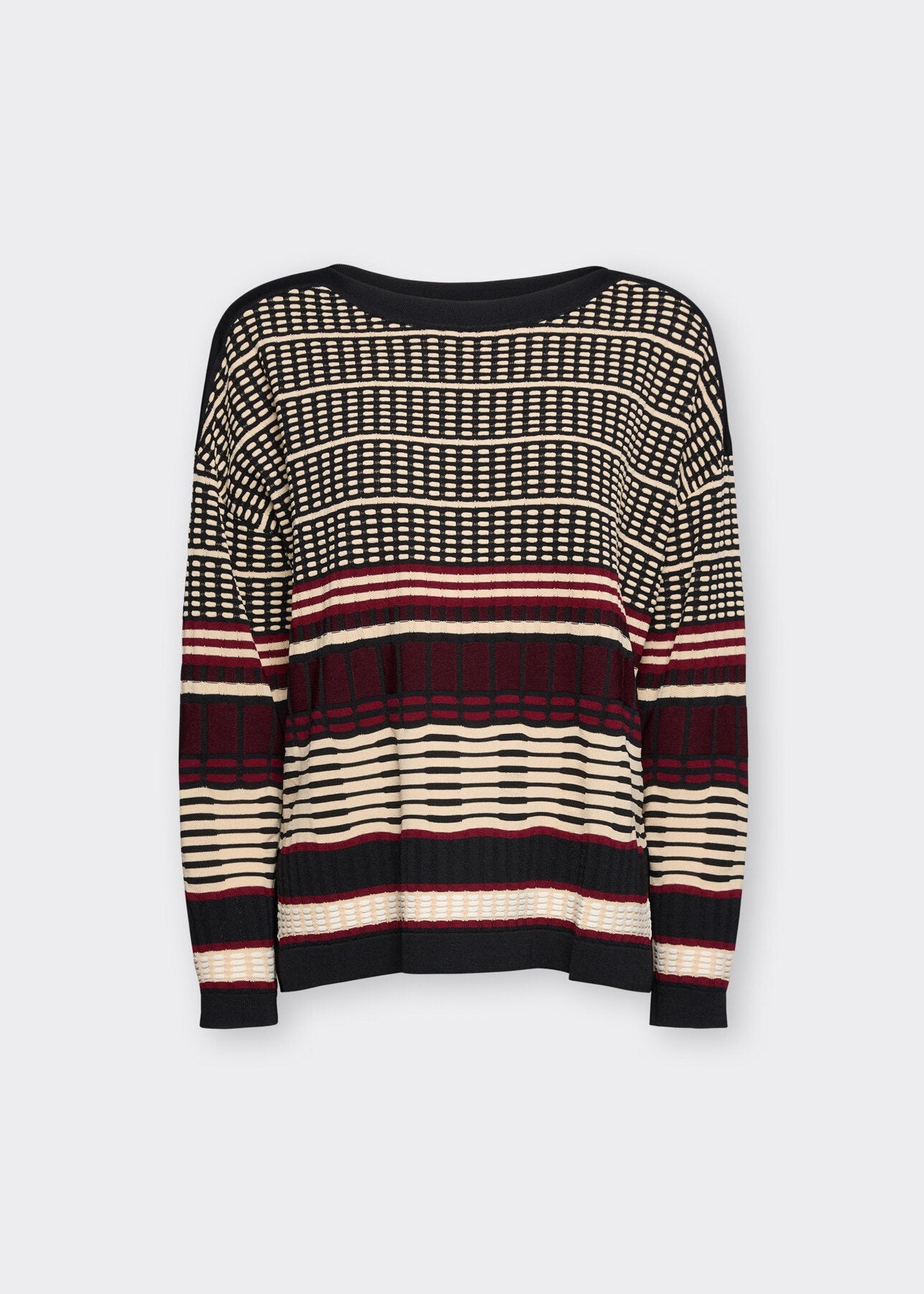 Striped jacquard knit pullover with black, cream, and dark red bands, crew neck