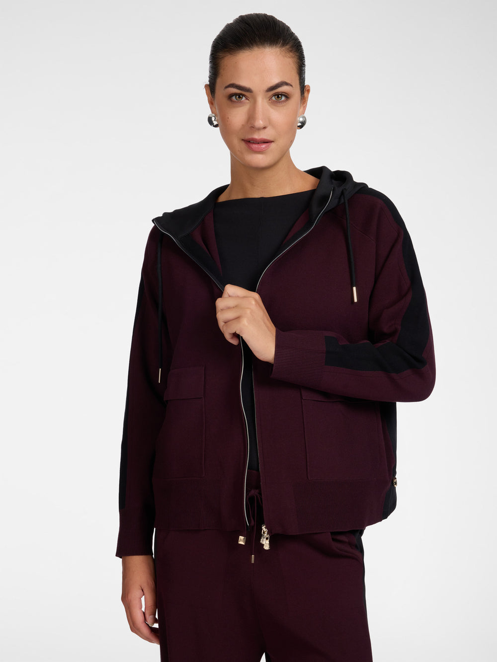 Close-up hooded zip cardigan in dark maroon with drawstring hood and front patch pocket