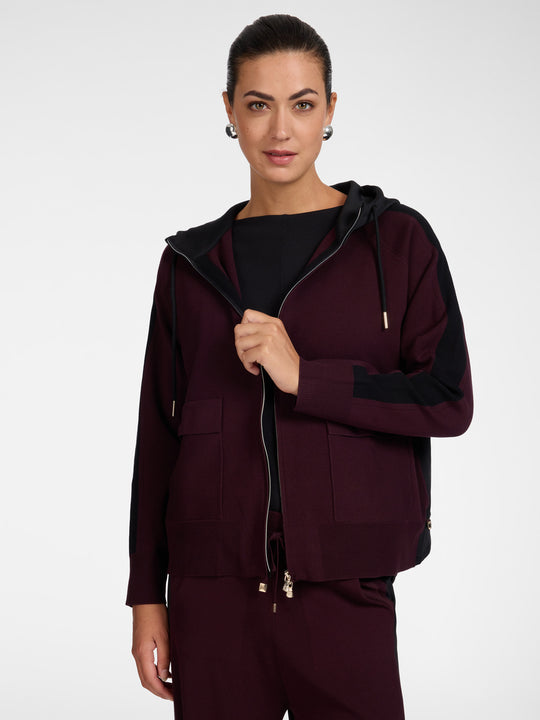 Close-up hooded zip cardigan in dark maroon with drawstring hood and front patch pocket