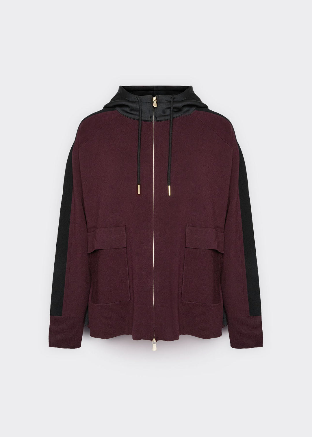 Hooded zip cardigan in dark maroon with drawstring hood lining and front patch pockets
