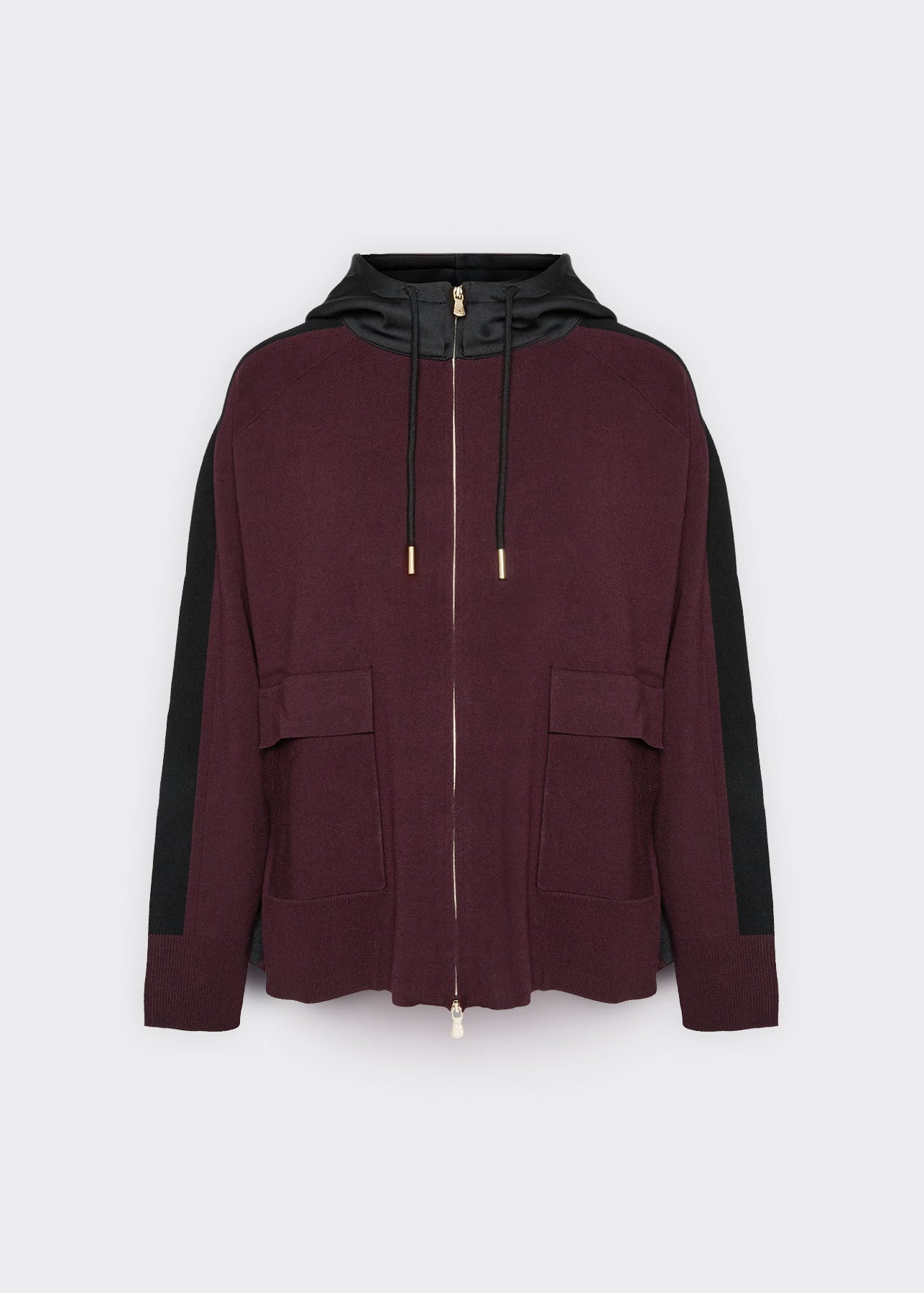 Hooded zip cardigan in dark maroon with drawstring hood lining and front patch pockets