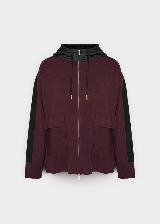 Hooded zip cardigan in dark maroon with drawstring hood lining and front patch pockets