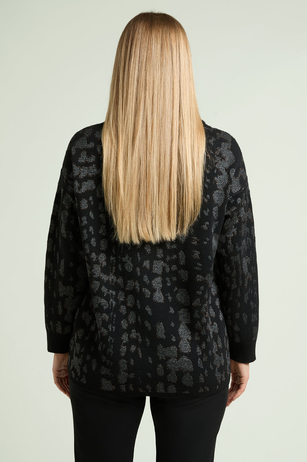 Black long-sleeve jacquard animal-print top, back view, with detachable collar