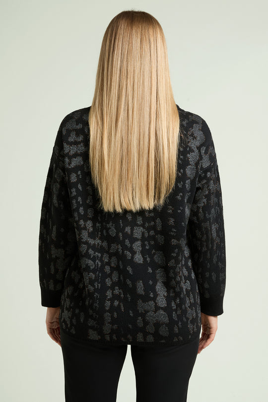 Black long-sleeve jacquard animal-print top, back view, with detachable collar