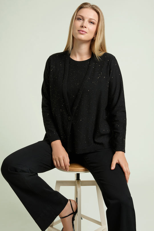 Black micro sequin cardigan twin set with crew neck and long sleeves