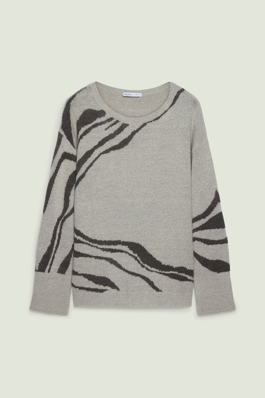 Long-sleeve intarsia animal stripe sweater, gray with black-and-white patterns