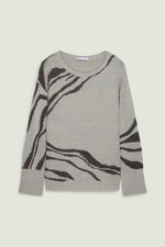 Long-sleeve intarsia animal stripe sweater, gray with black-and-white patterns