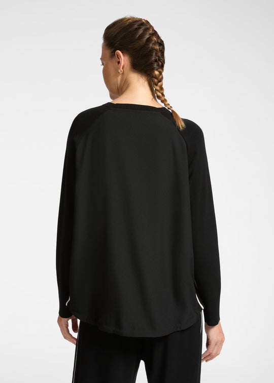 back view of plus size Elena Miro Dual Fabric Raglan Sweater in Black Chalk