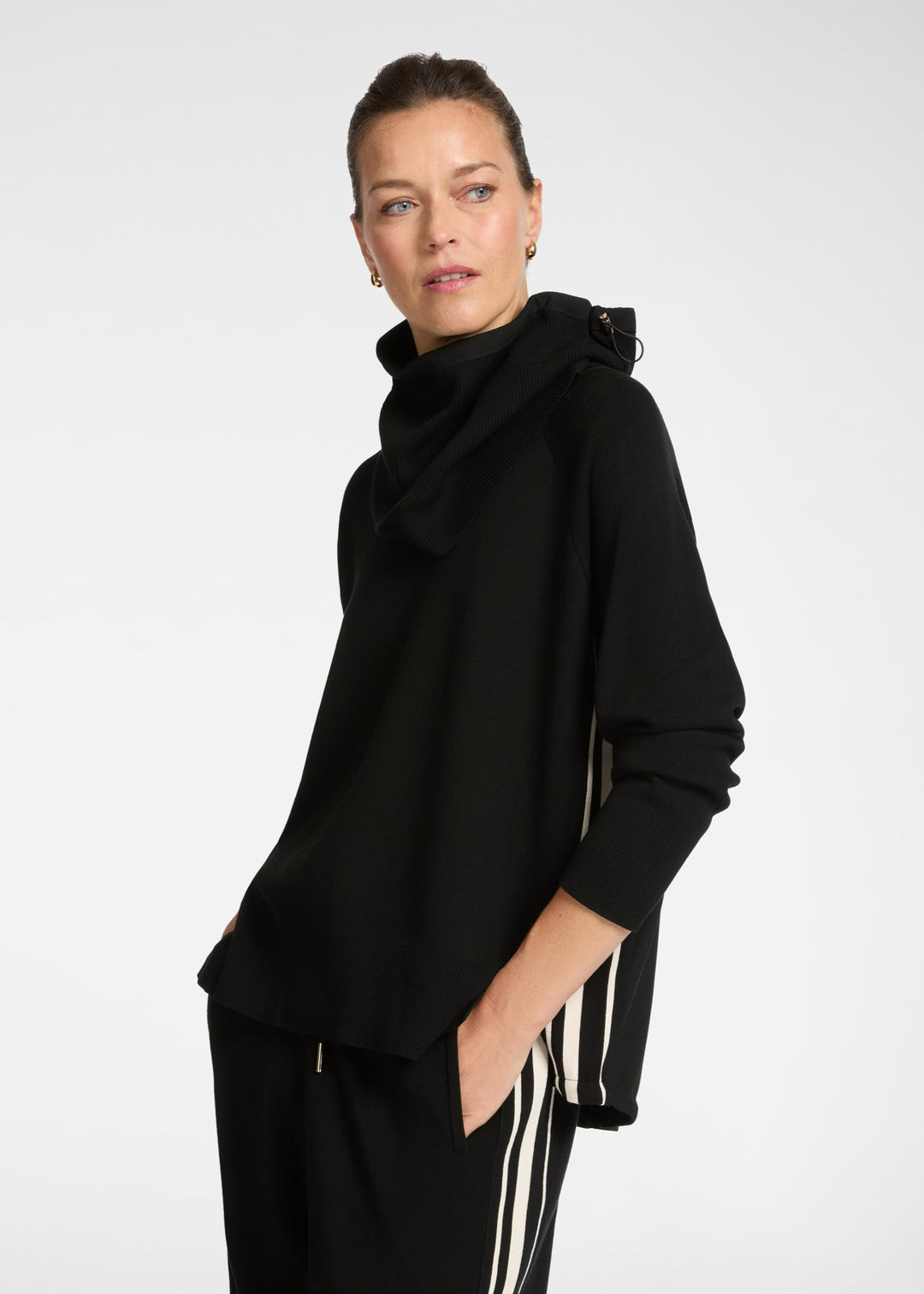 front view of plus size Elena Miro Dual Fabric Raglan Sweater in Black Chalk