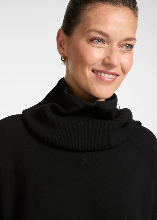 close up front view of plus size Elena Miro Dual Fabric Raglan Sweater in Black Chalk