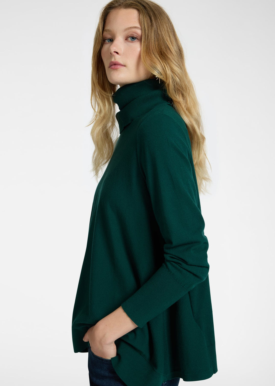 side front view of plus size Elena Miro Pullover with detachable ribbed neck in Laurel
