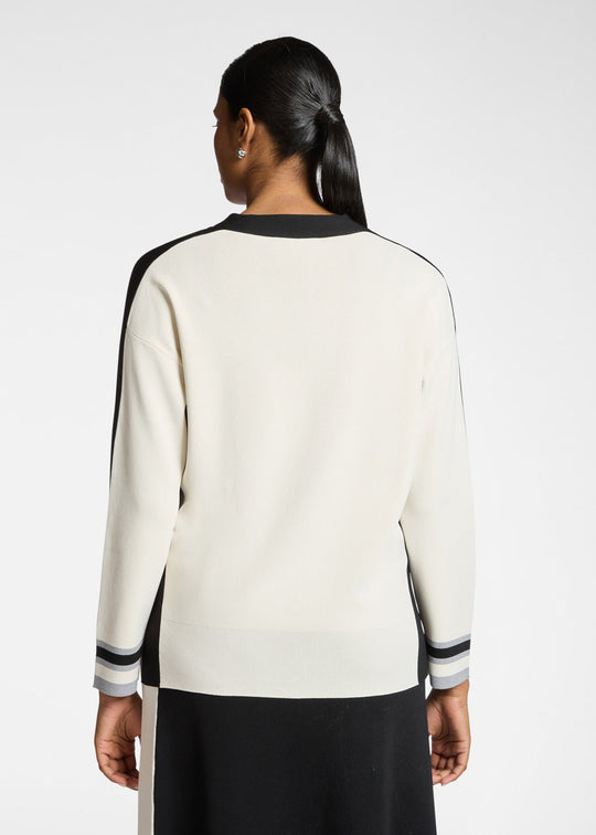 Back view of plus size Elena Miro Bi Color Compact Viscose V-Neck Sweater in Juta Black