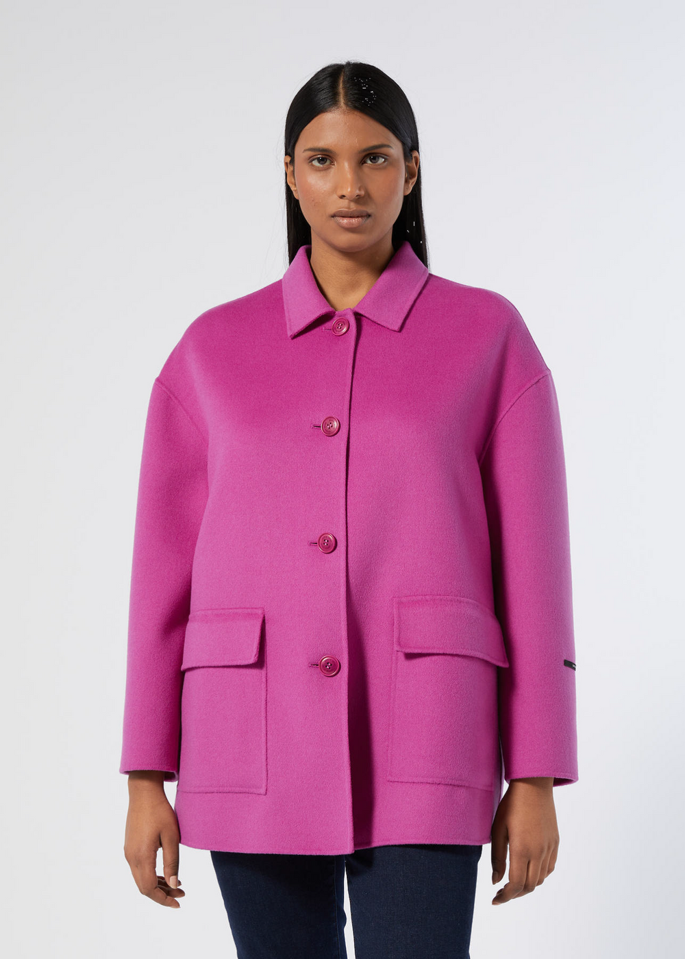 front view of plus size Marina Rinaldi Eligio Doubleface Topper in Cyclamen