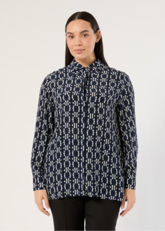 Marina Rinaldi Mrnalpaca Crepe de Chine Geo Print Blouse in Midnight Blue