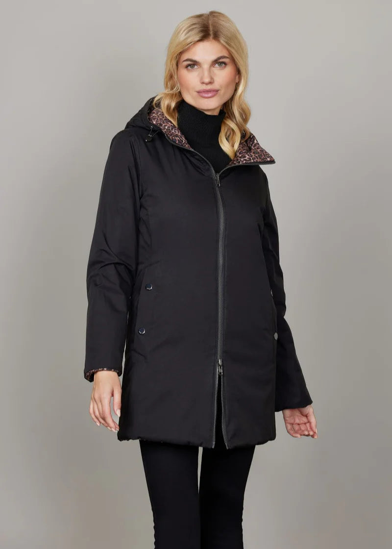 front view of plus size Junge Reversible Mackenzie Zip front Coat in Animal Black
