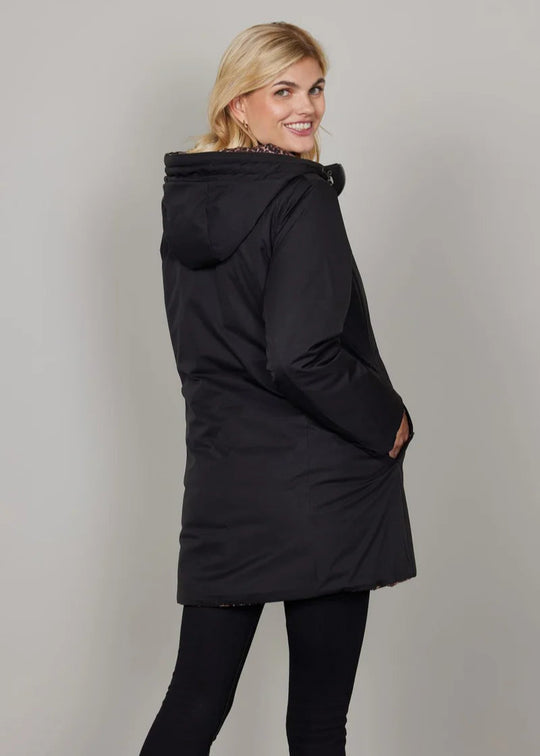 back view of plus size Junge Reversible Mackenzie Zip front Coat in Animal Black