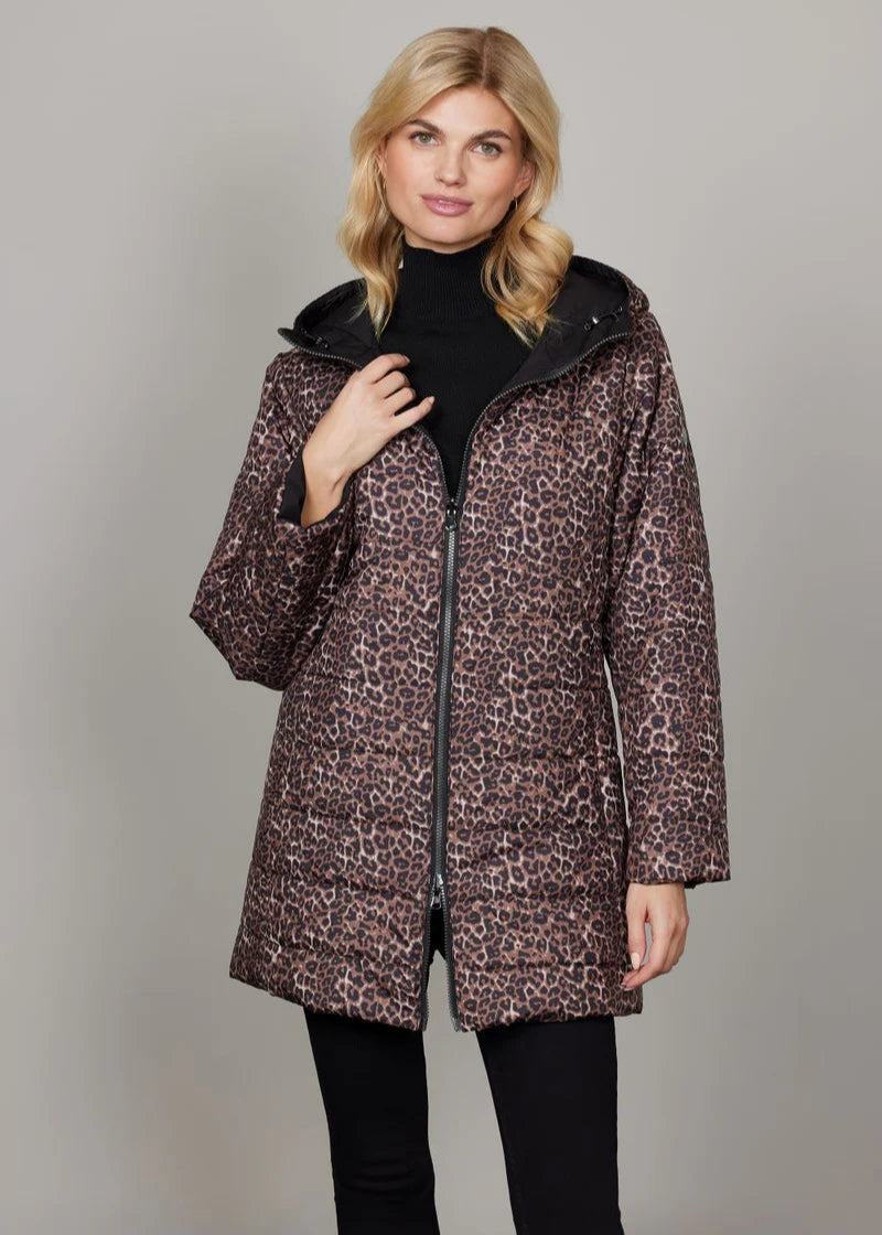 front view of plus size Junge Reversible Mackenzie Zip front Coat in Animal Black