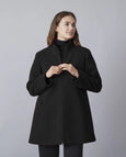 Junge Zip Front A-Line Cloth Coat with Zip Pockets and Stand Collar in Black