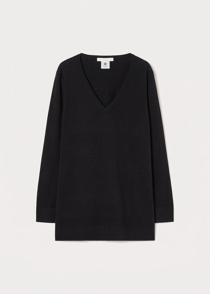 Black V-neck long-sleeve sweater, relaxed fit