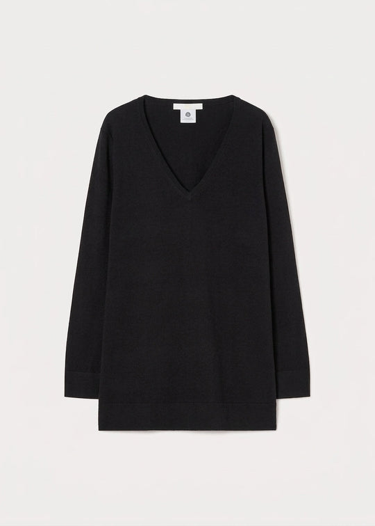 Black V-neck long-sleeve sweater, relaxed fit