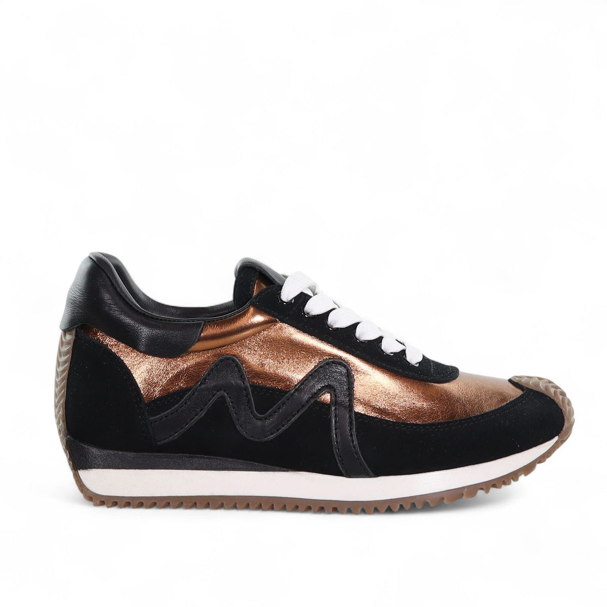 Low-top sneaker in black and bronze metallic with black panels and white laces
