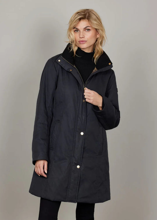 Junge 3/4 Length Wax Coated with Detachable Plaid Lined Hood and Turnback Corduroy Cuffs Water Repellent and Wind Resistant in Navy