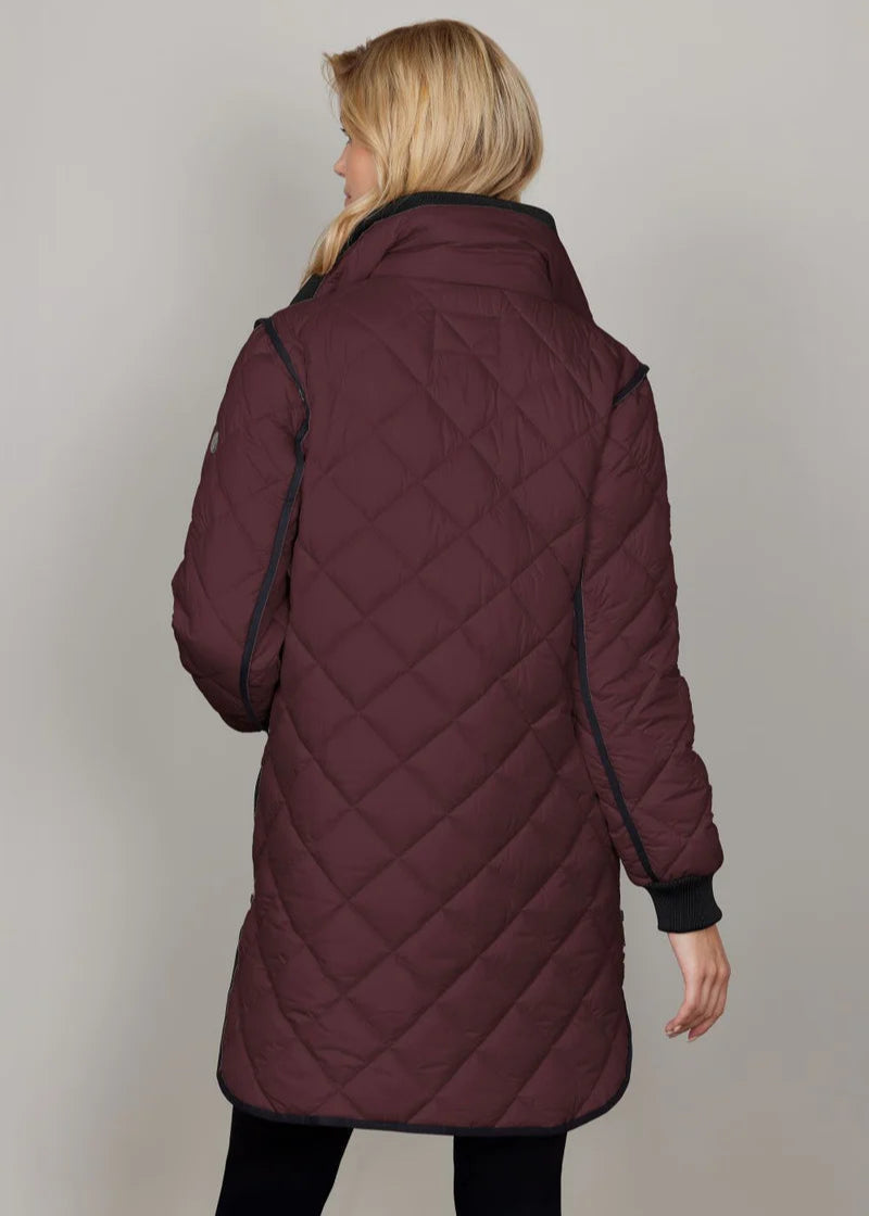 back view of plus size Junge Michelle Quilted Long Jacket with Black tipping in Merlot