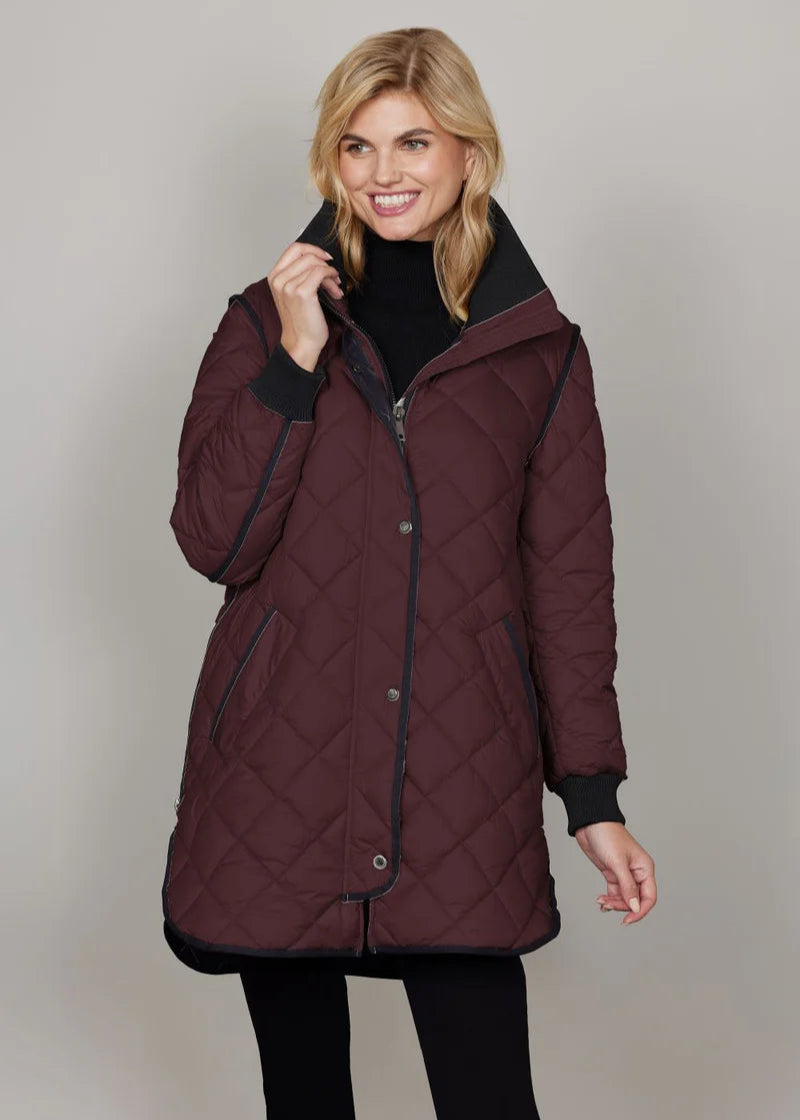 front view of plus size Junge Michelle Quilted Long Jacket with Black tipping in Merlot