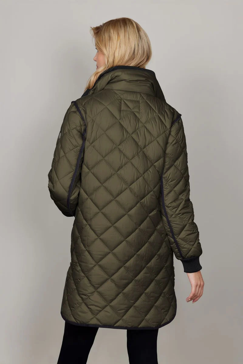 back view of plus size Junge Michelle Quilted Long Jacket with Black tipping in Olive
