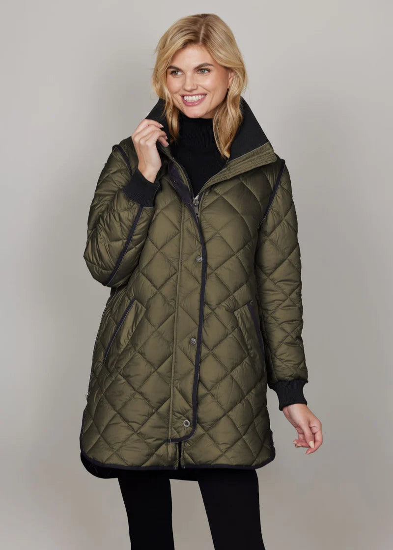 front view of plus size Junge Michelle Quilted Long Jacket with Black tipping in Olive