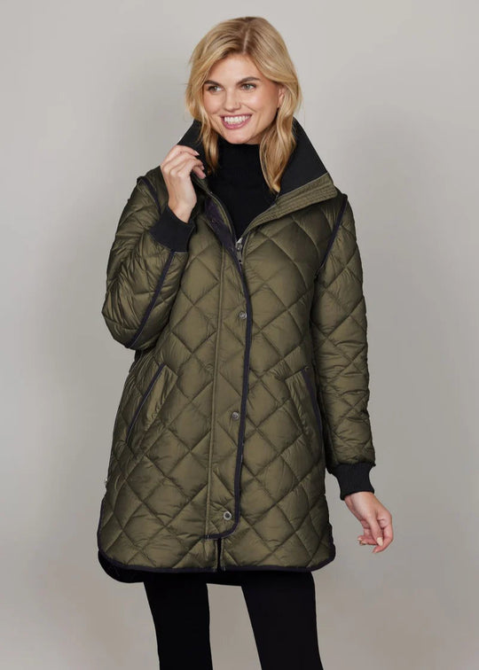 front view of plus size Junge Michelle Quilted Long Jacket with Black tipping in Olive