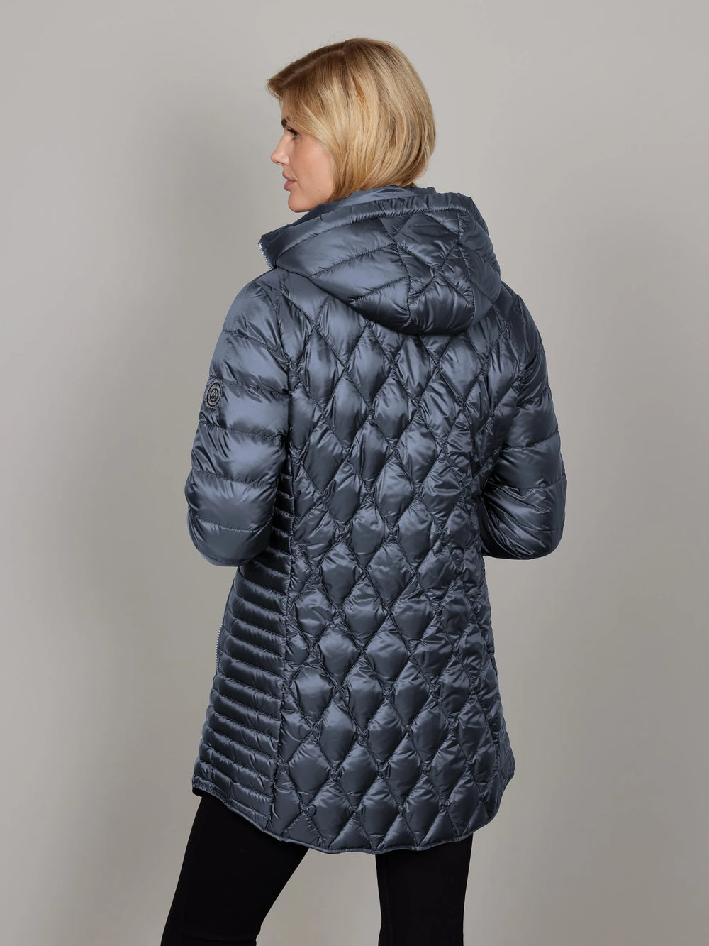 Junge Light Feather Weight Car Length Coat with Curved Hem and Detachable Hood in Storm