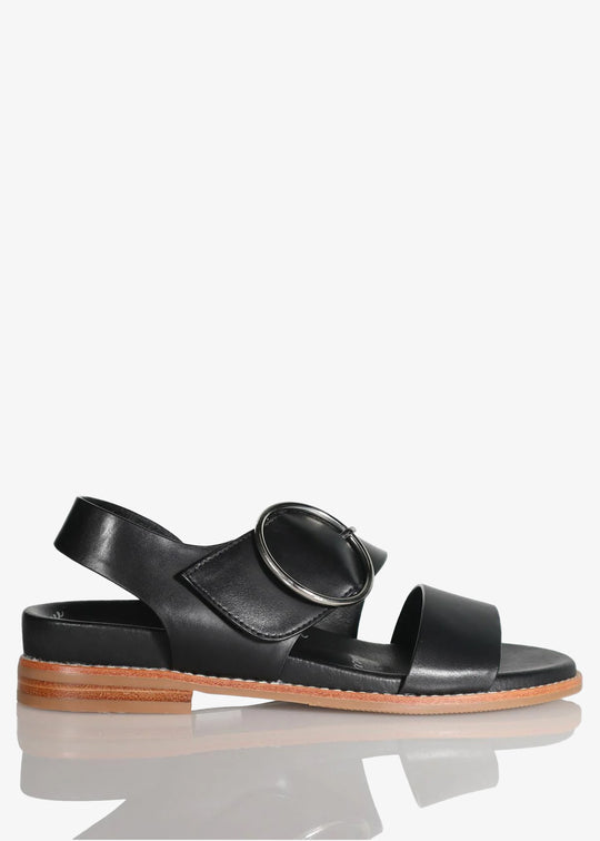 Minx Willa Wellness Leather Sandal with round Buckle in Black