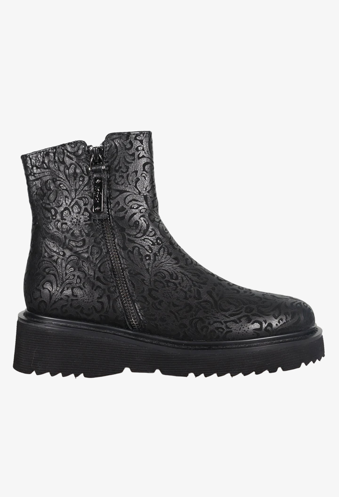 Minx Emerson Black Floral Embossed Boot with Side Zippers