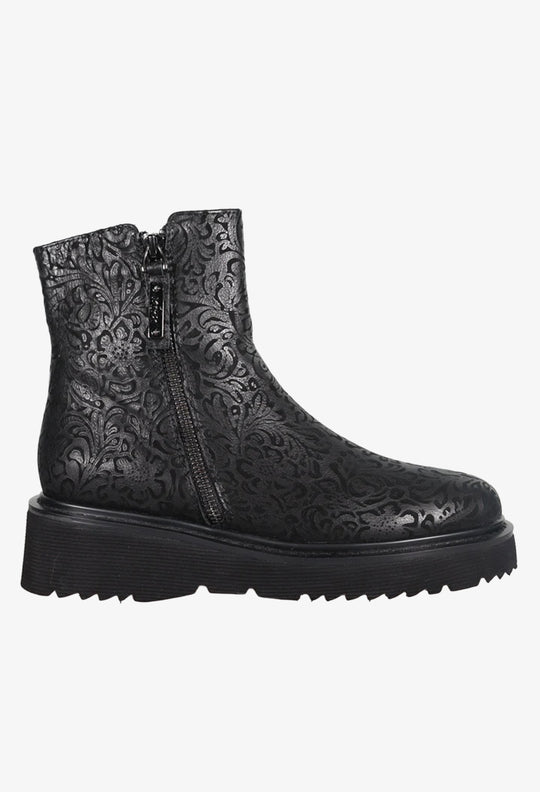 Minx Emerson Black Floral Embossed Boot with Side Zippers
