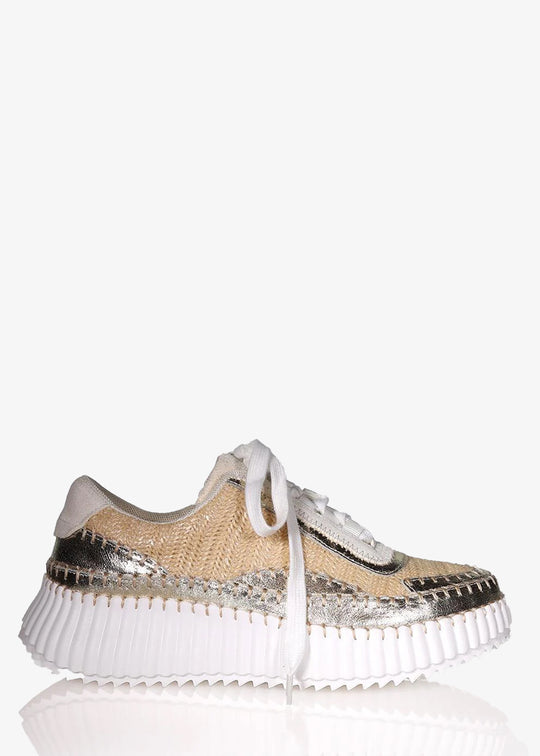 Minx Titch Woven with Leather and Stitch Trim in Gold Metallic