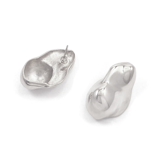Two irregular molten-shaped stud earrings in metallic finish, one showing front view, one showing back