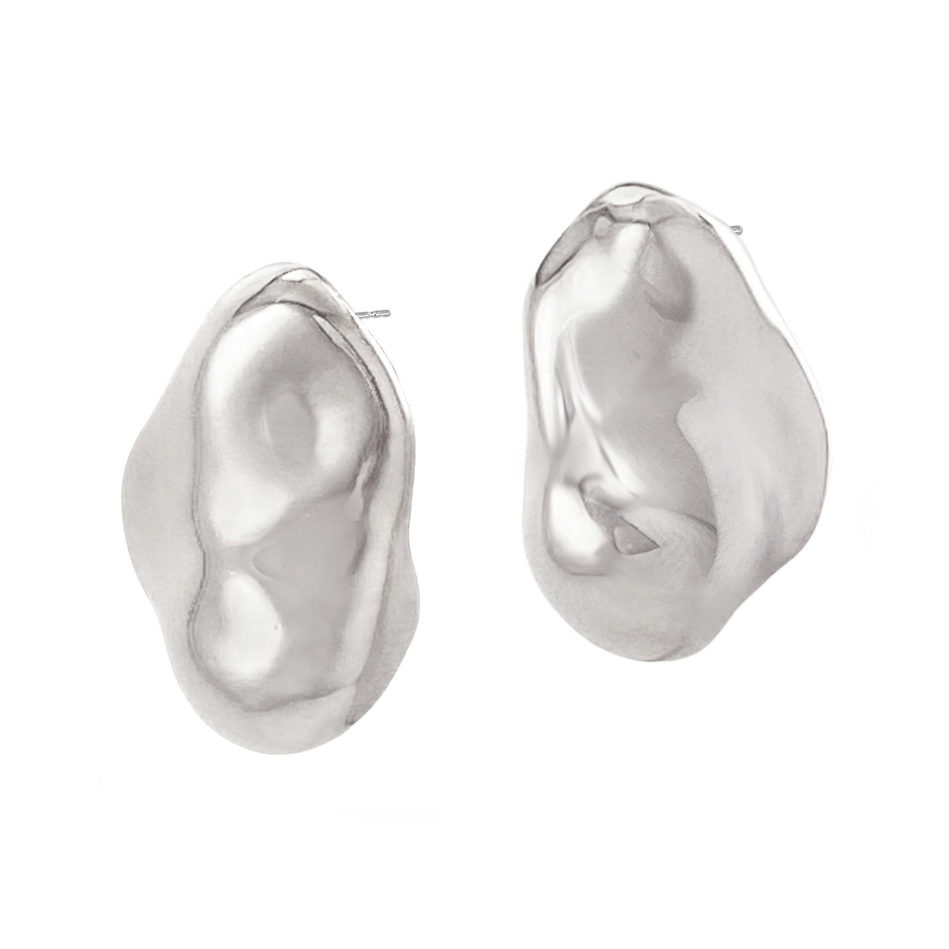 Silver molten-texture stud earrings with post backs, sculpted teardrop shape