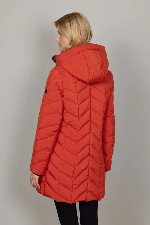 Junge 3/4 Length Herringbone Quilt Pattern Coat with Detachable Hood and Zip Pockets in Brick