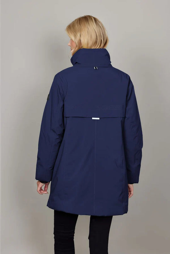 Junge All Weather Coat with a Tuck in Hood Wind Proof Water Proof Made of Recycled Fabric in Navy
