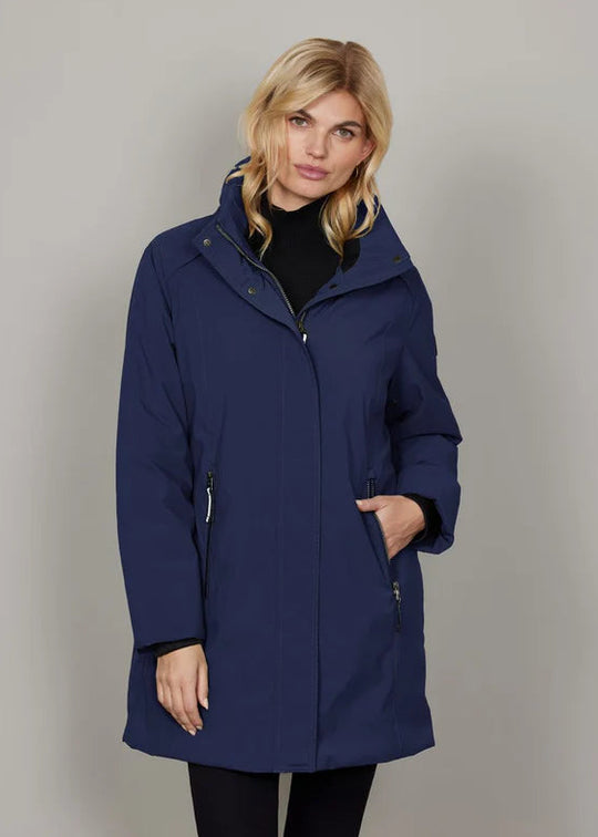 Junge All Weather Coat with a Tuck in Hood Wind Proof Water Proof Made of Recycled Fabric in Navy