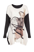 Naya Abstract Front Print Top with Black Sleeves & Trim in Black/Sand