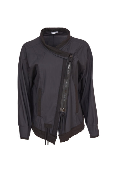 Naya Short Zip Front Jacket with Rib Collar and Trim in Black