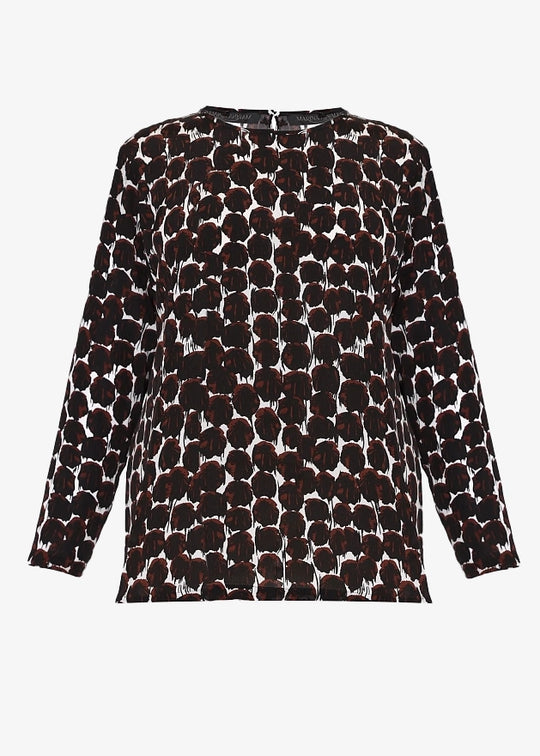 Marina Rinaldi Ovale Round Neck Long Sleeve Print Blouse in Coffee Print