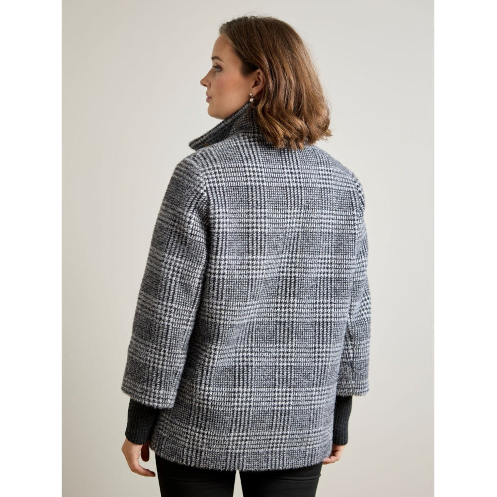 Glen plaid oversized jacket with ribbed sleeve cuffs and collar, rear view on model