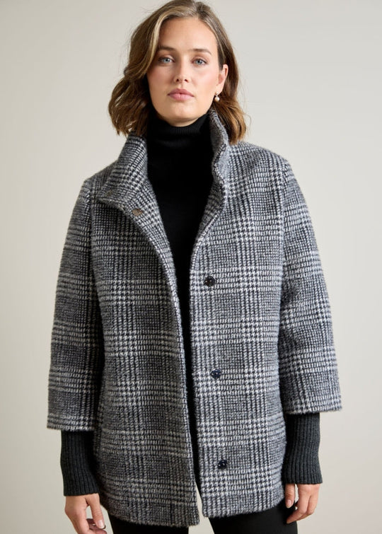 Glen plaid oversized coat with rib knit sleeves and button front, front view on model