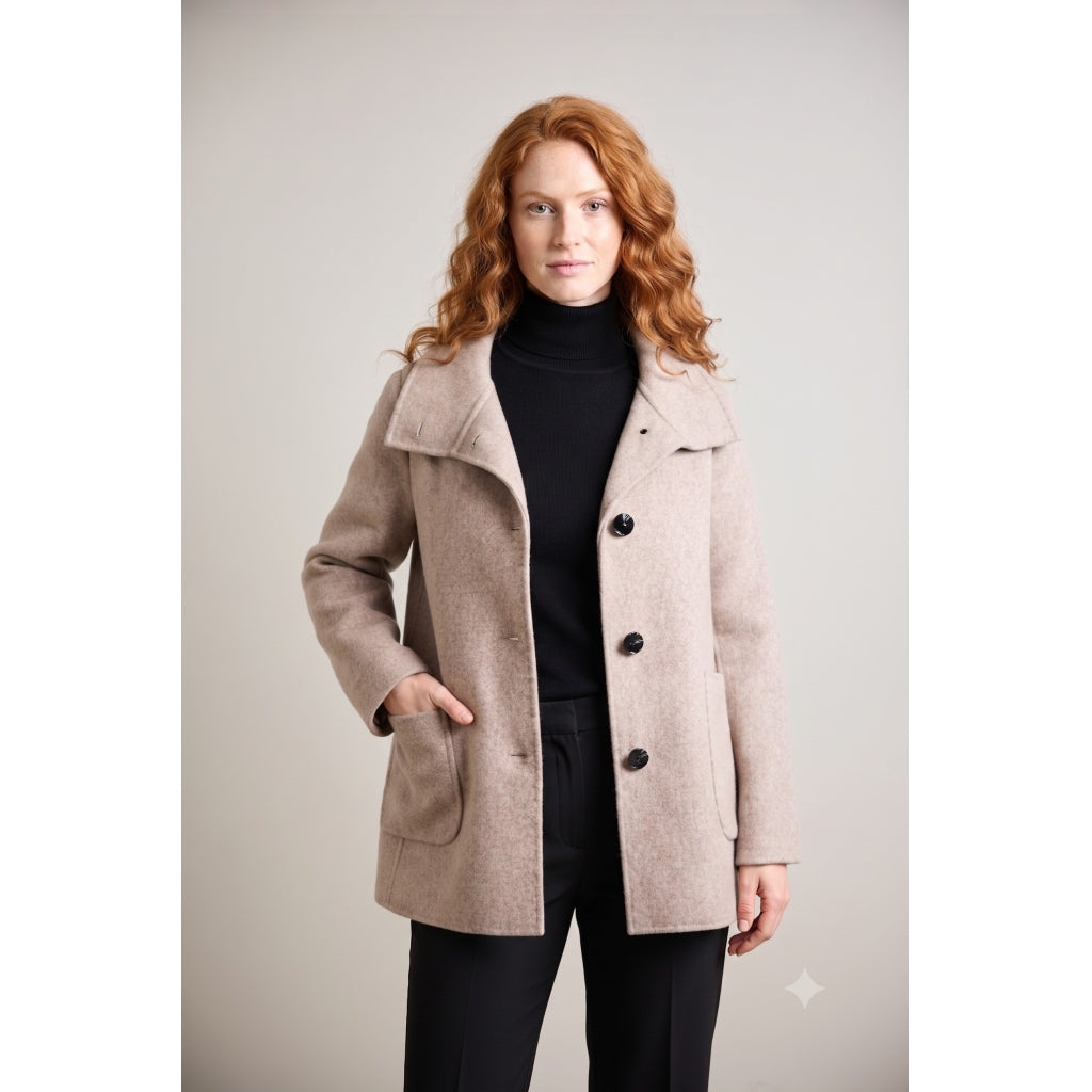 Taupe wool coat with patch pockets, large lapels, and black buttons, front view on model